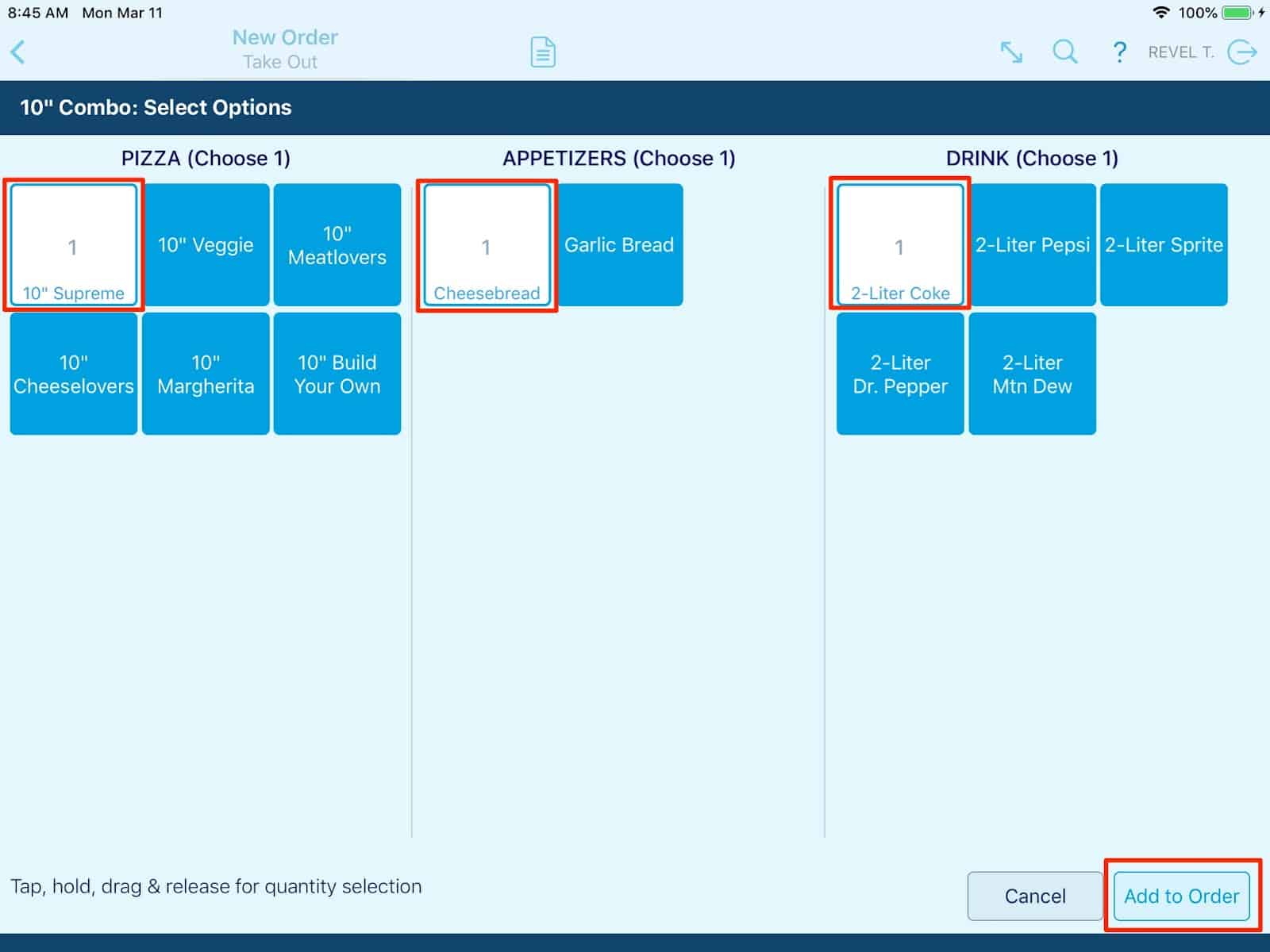 Revel column-segmented combo screens sample.