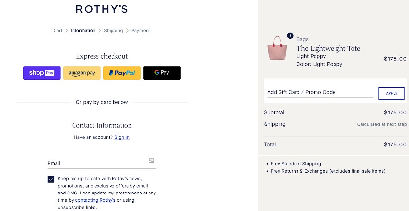 Rothy’s checkout page, checkout options.