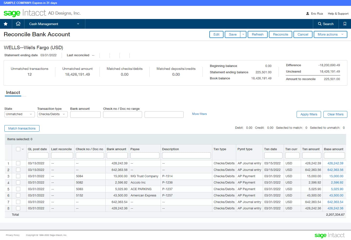 Bank reconciliation module of Sage Intacct.