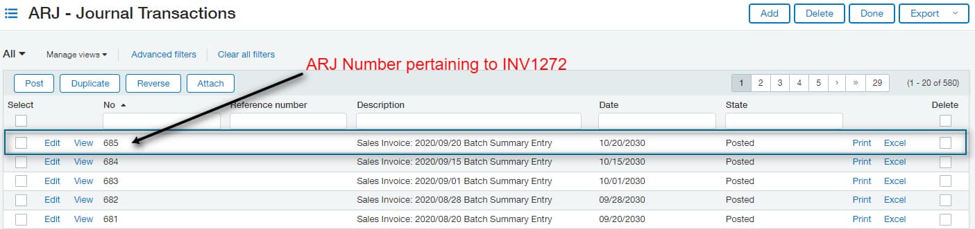 Tracing the ARJ Entry from Invoice Transaction of Sage Intacct.