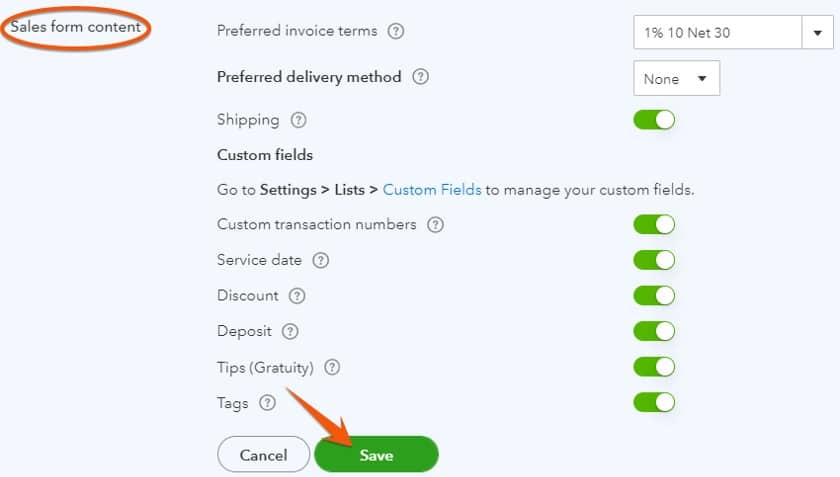 Sales form content preferences in QuickBooks Online.