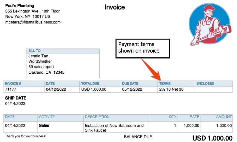 Sample invoice created in QuickBooks with early payment discount terms.