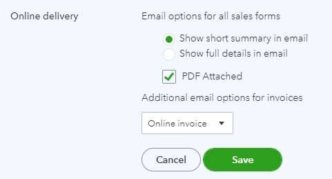 Selecting online delivery options in QuickBooks Online.
