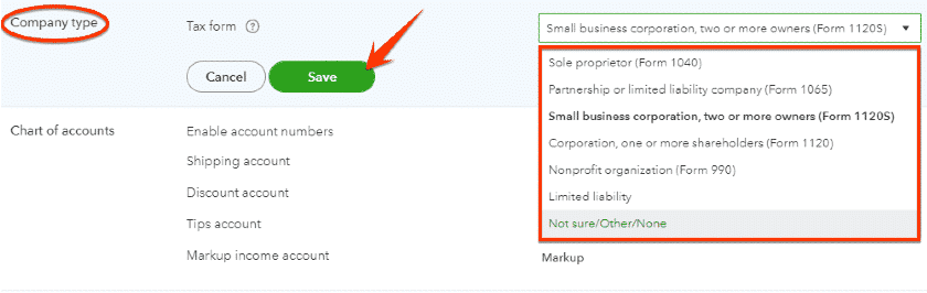 Setting up Company type in QuickBooks Online.