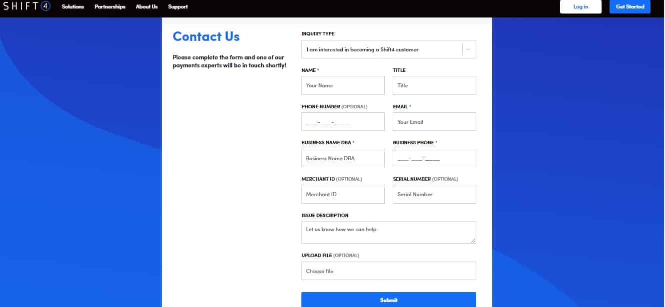 Shift4 Payments’ sign-up form sample.