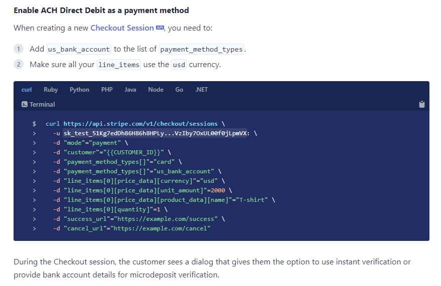 Coding to activate ACH payment processing in Stripe.