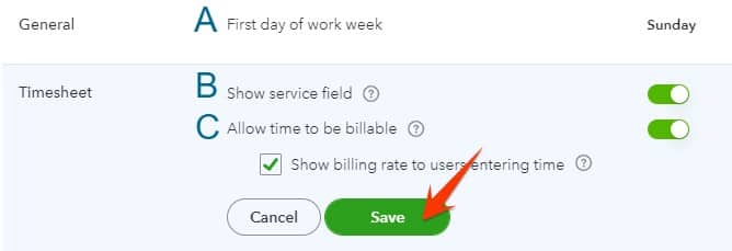 Time tracking settings in QuickBooks Online.