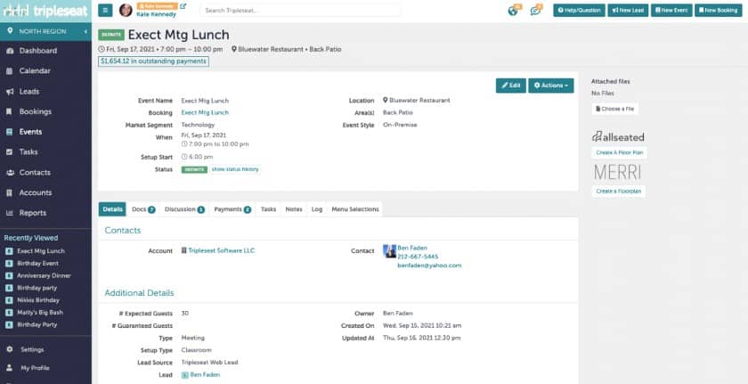 Tripleseat restaurant and event management platform.