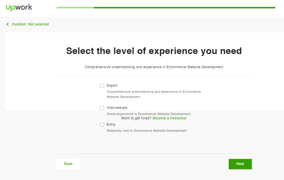 Choosing level of experience in Upwork.