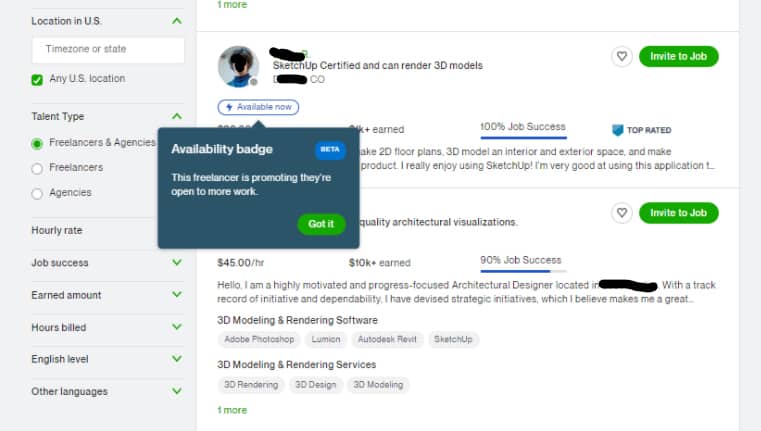 Upwork Freelancer with Availability Now badge.