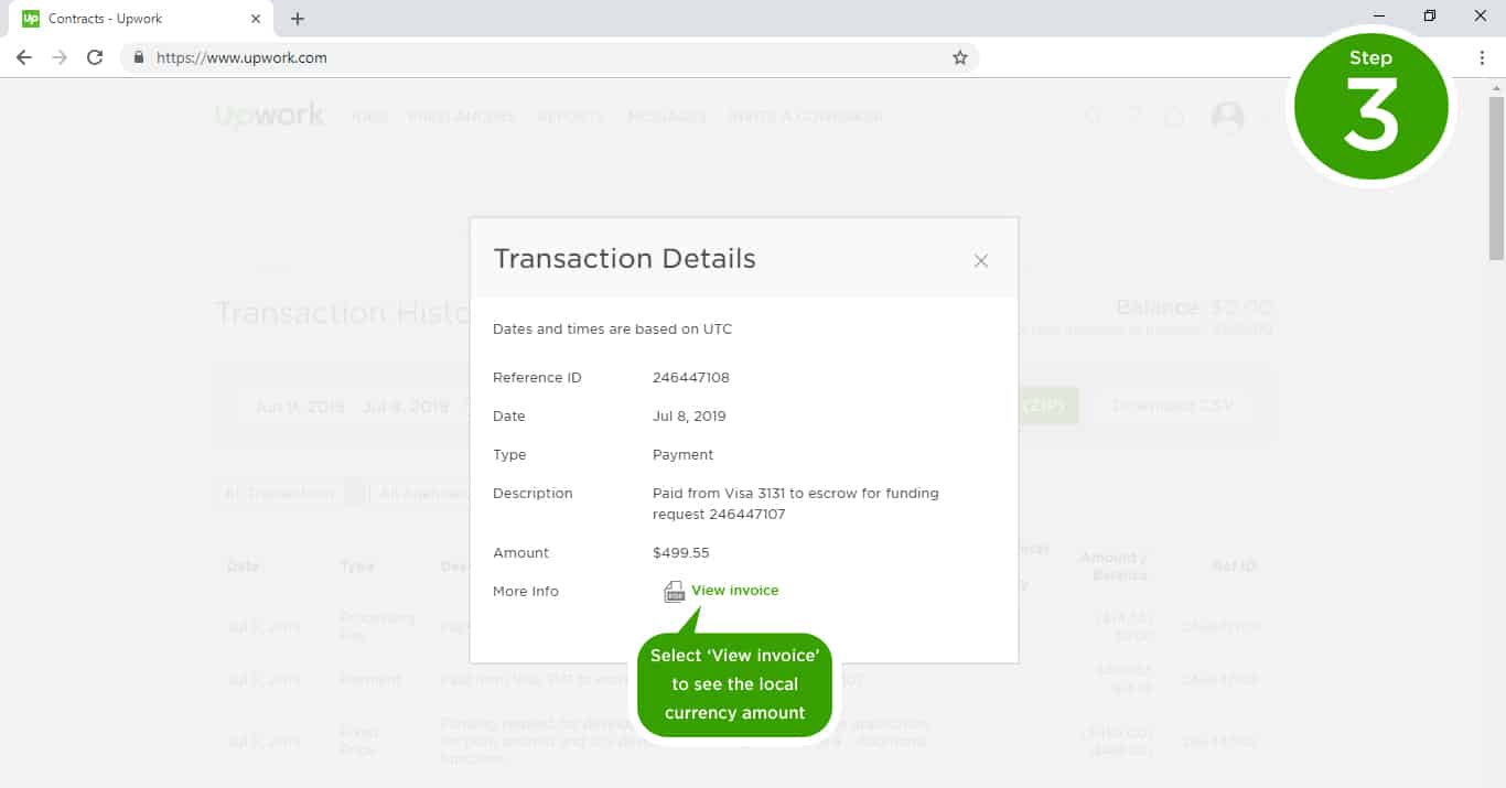 Upwork transaction details page.