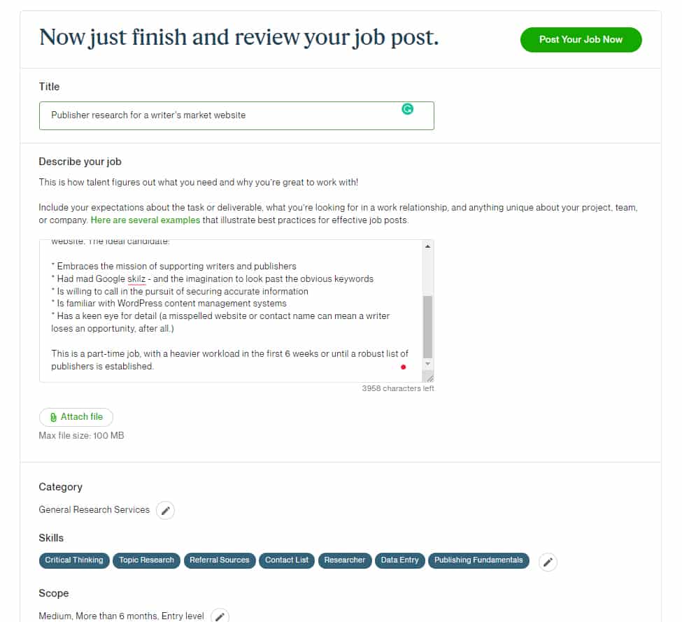 Upwork add job description.