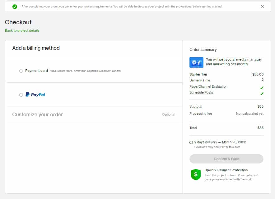 Upwork checkout page.