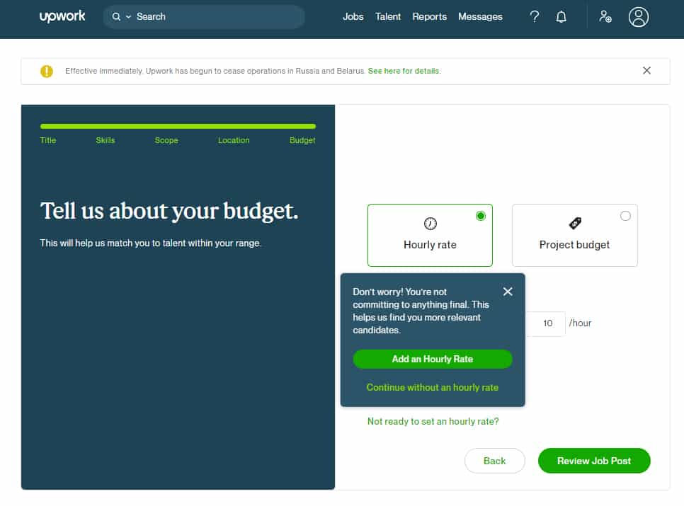 Upwork choosing hourly rate or project budget.