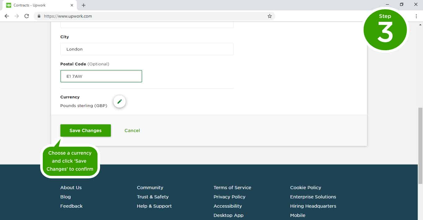 Upwork choosing the currency for freelancer.