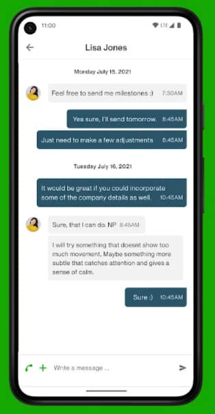 Upwork sample conversation in mobile view.