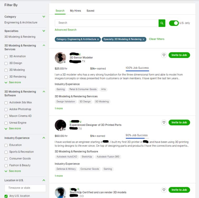 Upwork searching freelancer with filter.
