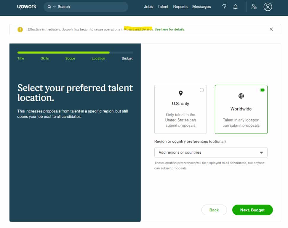Selecting preferred talent location in Upwork.