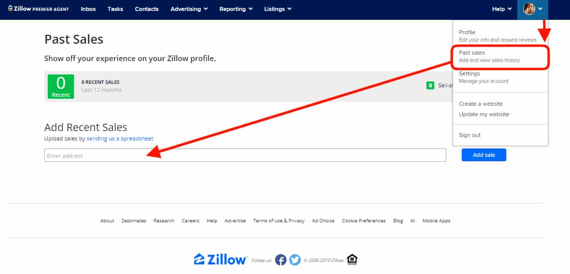 Add recent past sales in Zillow.com agent dashboard.