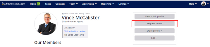Request reviews button from Vince McCalister profile in Zillow.
