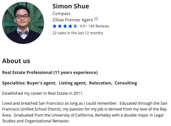 Zillow profile of Simon Shue.