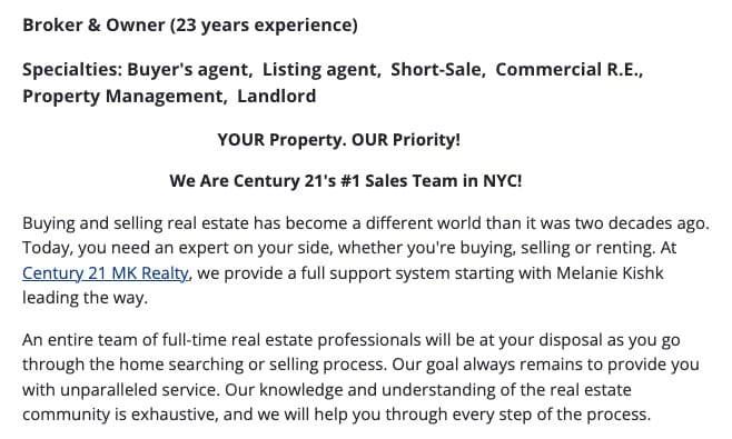 Sample About Me of Melanie Kishk in Zillow.com.