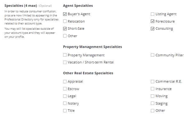 Add real estate niche specialties in Zillow.com agent dashboard.
