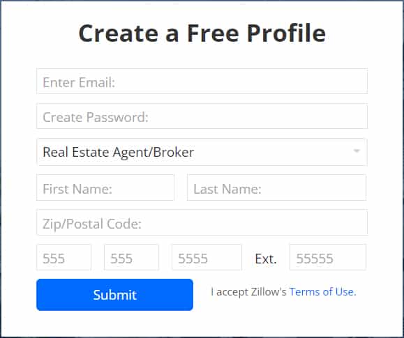 A sample image of Zillow sign-up form.