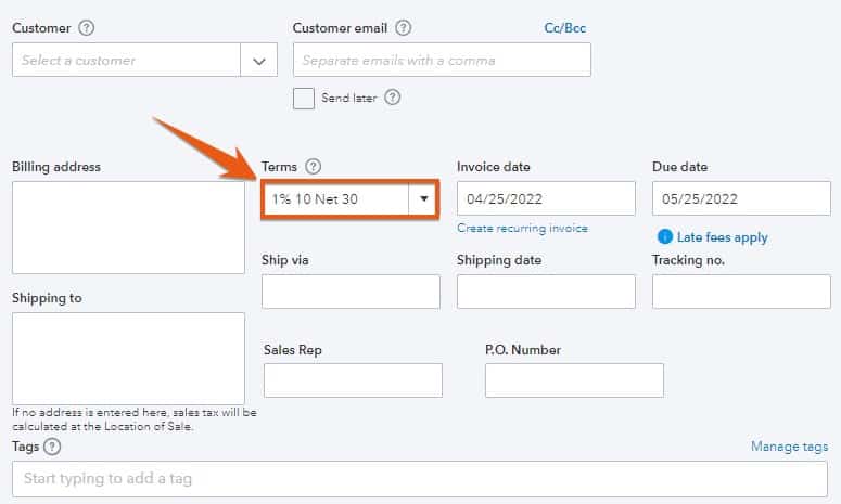 Indication your customers’ discounted payment terms for early payments.