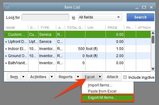 Exporting All items oin QuickBooks Online.