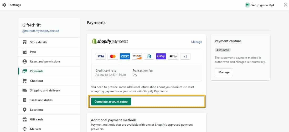 Activating Shopify payments.