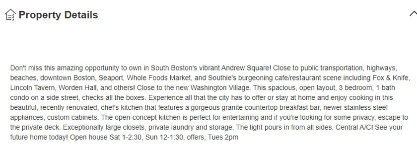 Boston listing describing the specific location and surrounding neigborhoods.