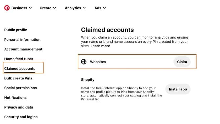 Showing claimed accounts in Pinterest.