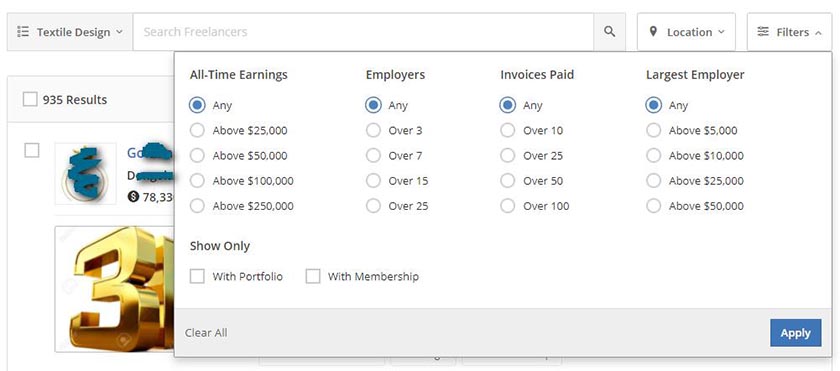 Narrow the field further by selecting earnings.
