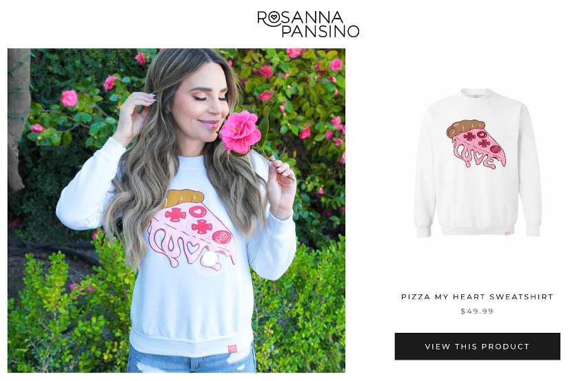 Rosanna Pansino is a Youtuber wearing sweatshirt dessert branding.