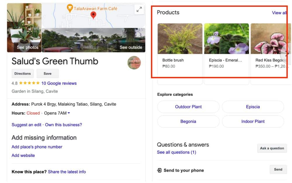 Showing Salad's Green Thumb google location.