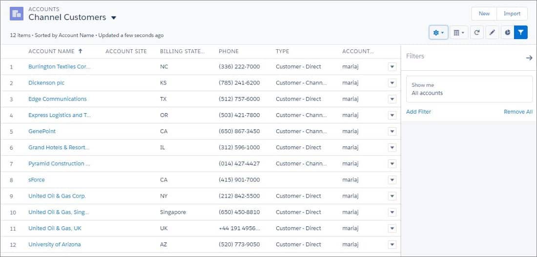 Showing a Salesforce account list view.