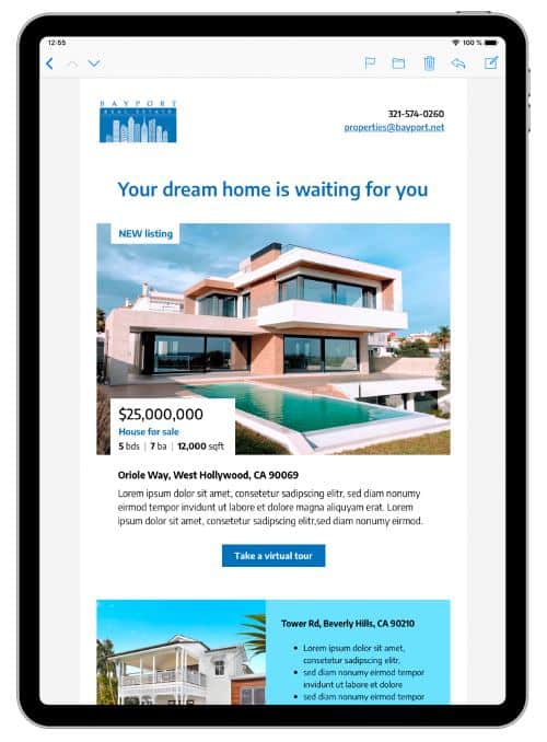 Showing single listing email template via Mail Designer 365.