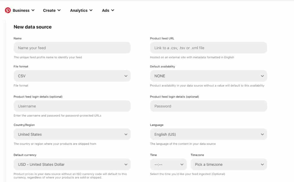 Uploading data source directly to Pinterest business account.