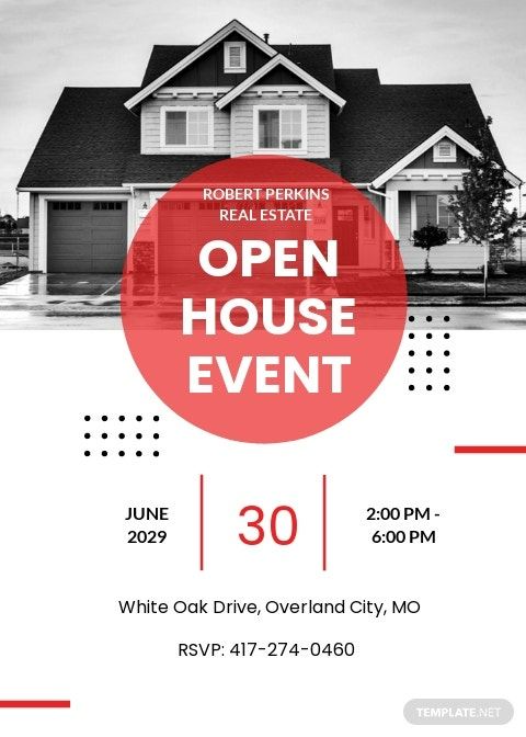 Open house flyer with black and white text and red circle.