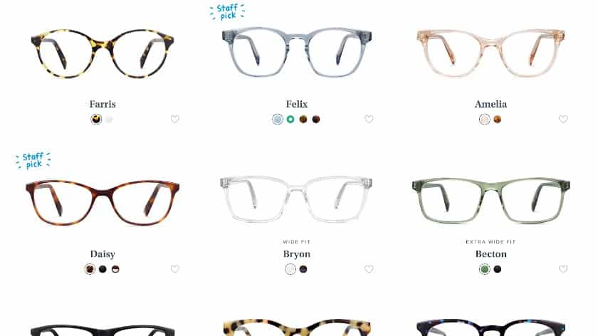 Warby Parker's online eye glasses shop.