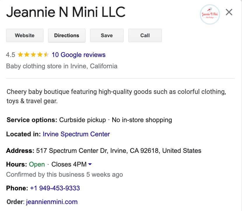 An example of a business listing on Google.