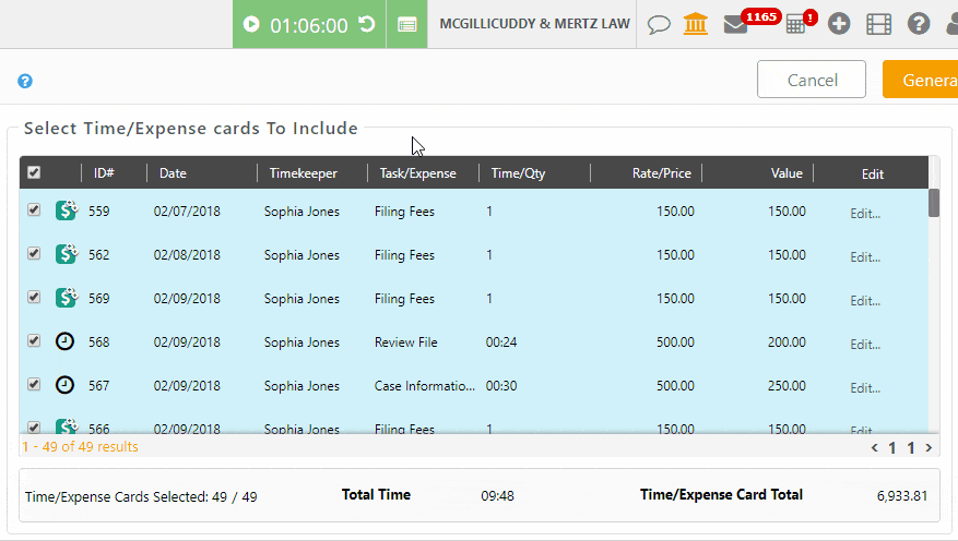 Animated GIF that shows how to select time/expense cards to include in invoice.