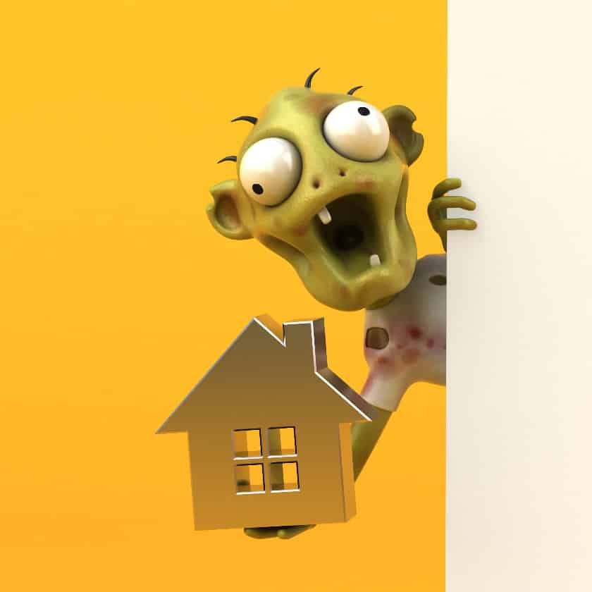 Funny zombie holding a house.