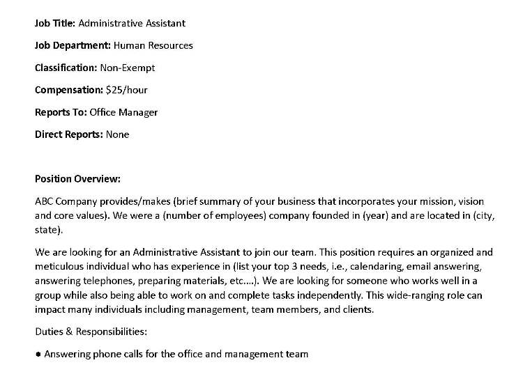 Showing administrative assistant job description template.