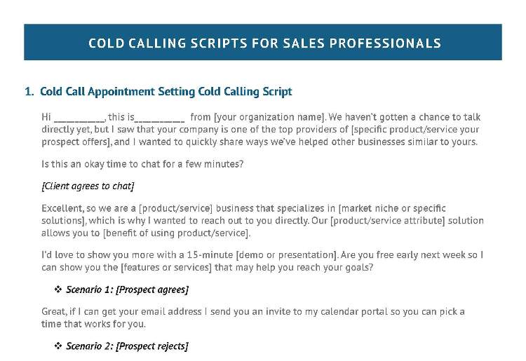 Cold calling scripts for sales professionals.