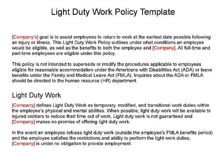 Light work duty policy template.