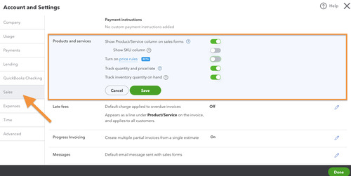  Sales tab highlighting the Products and services section in QuickBooks Online