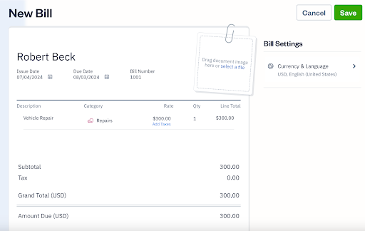 Screen where you can enter a new bill in FreshBooks
