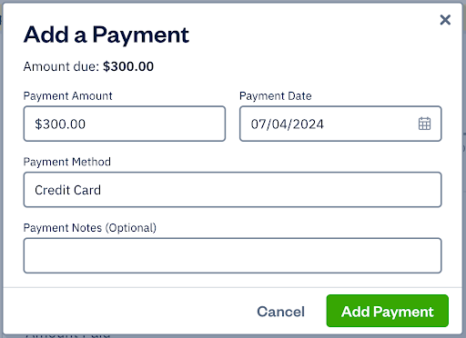 Screen where you can enter bill payment information in FreshBooks